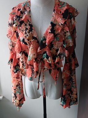 JLUXLABEL Coral Floral Ruffle Tie-Front Blouse